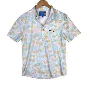 Southern Shirt Co. Blue Pink Tropical Turn It Up Stretch Polo Shirt Size Small